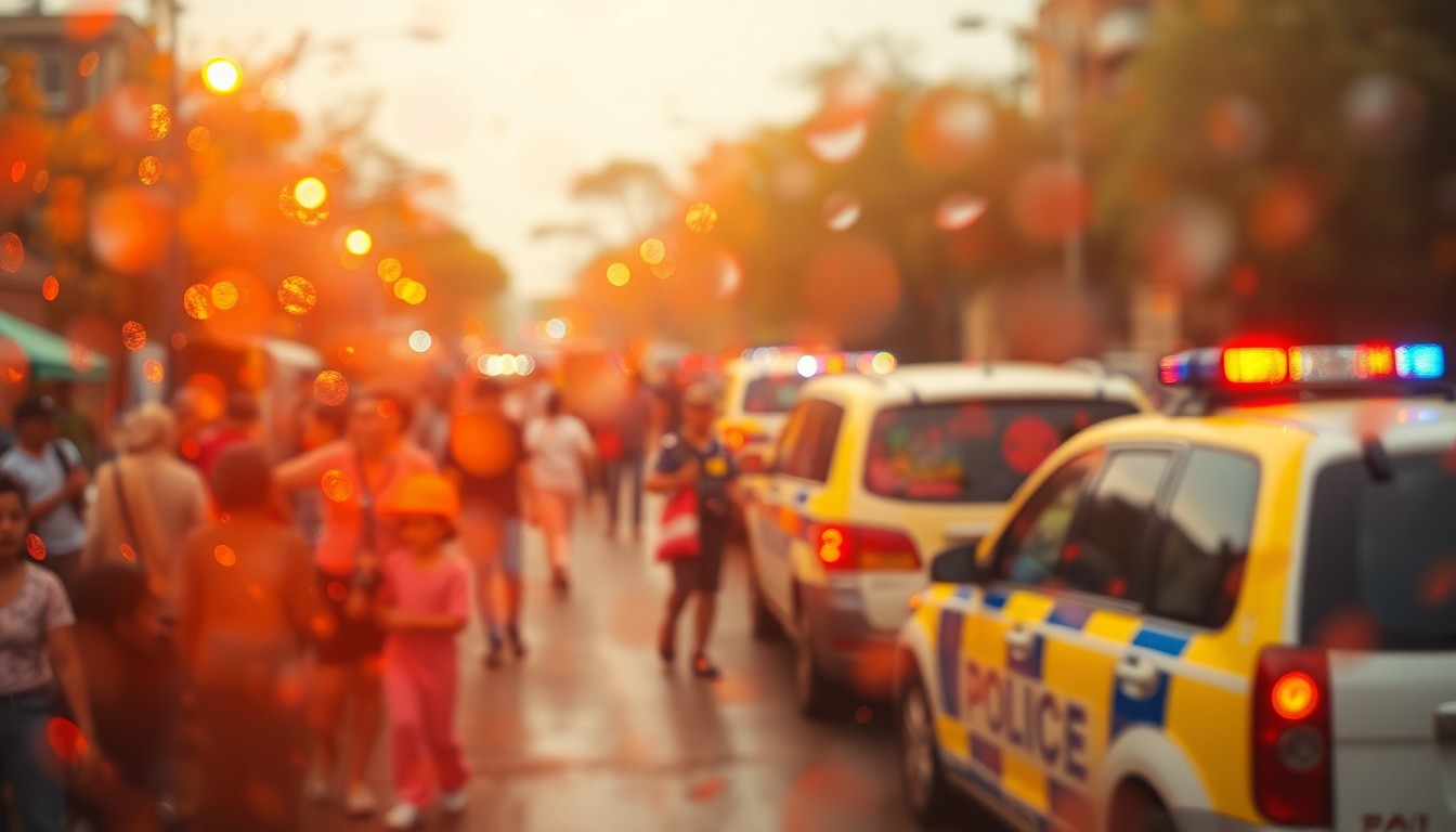 An abstract, impressionistic scene of an outdoor community event with blurred figures, colorful lights, and the faint outline of police vehicles in the background, conveying a sense of energy and connection.