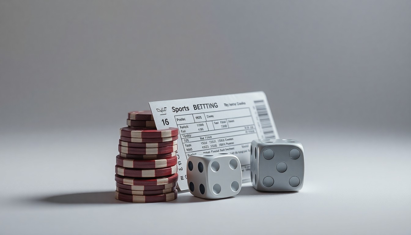 A photorealistic studio still life featuring a stack of gambling chips, a sports betting ticket, and a pair of dice arranged on a clean, monochromatic background, conceptually representing the abstract financial and strategic considerations in the gambling industry.