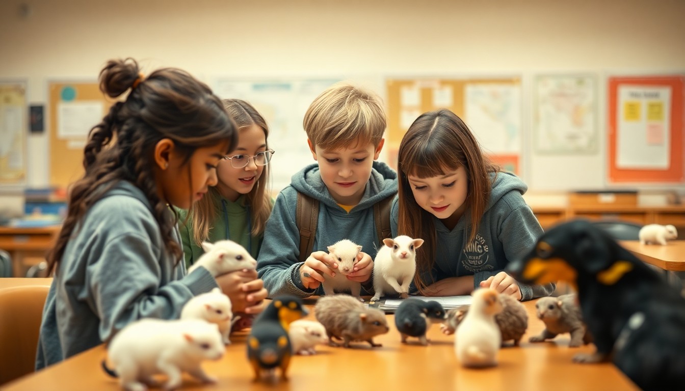 An abstracted, blurred photograph showing the silhouettes of high school students surrounded by the soft, warm glow of various small animals in a classroom setting, conveying the experiential nature of the Veterinary Assistance Program.