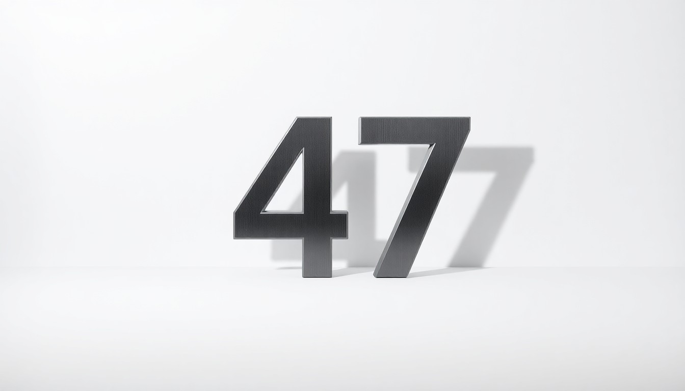 A highly detailed, photorealistic studio photograph of a polished metal sign in the shape of the number '47', resting on a clean, monochromatic background and dramatically lit to convey the abstract concepts of urban development and its effects on small businesses.