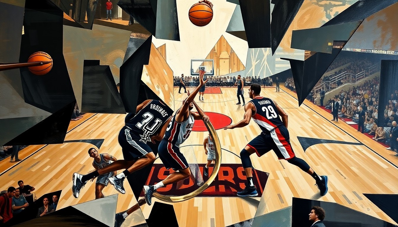 A cubist-style painting featuring overlapping geometric shapes and planes in shades of blue, green, and orange, representing the dynamic action of a basketball game between two teams.