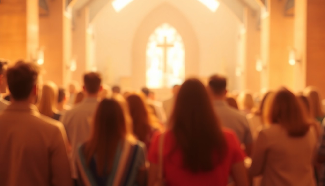 An abstract, out-of-focus photograph in warm, muted tones depicting a group of people gathered in a church setting, conveying a sense of community and faith through the use of soft, blurred lighting and figures.