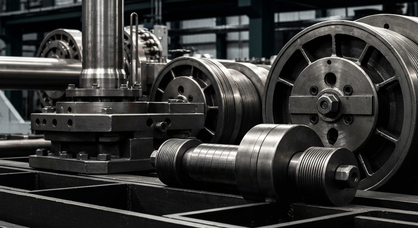 An extreme close-up of industrial machinery and equipment, with a focus on the intricate details and textures of the metal components, conveying the strength and precision of Preformed Line Products' manufacturing capabilities.