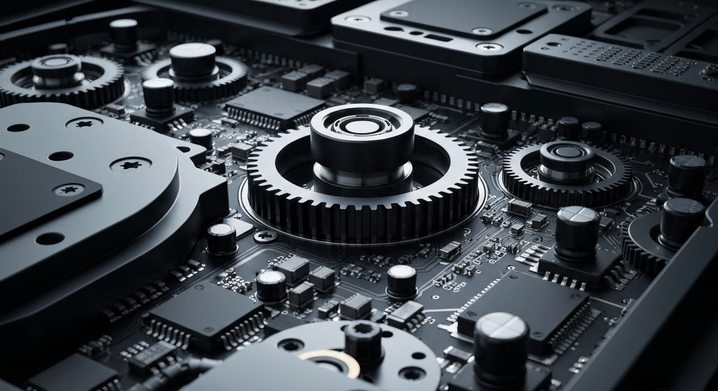 A highly detailed, black-and-white close-up image of the complex internal components of Lumentum's optical networking equipment, conveying a sense of industrial power and technological sophistication.