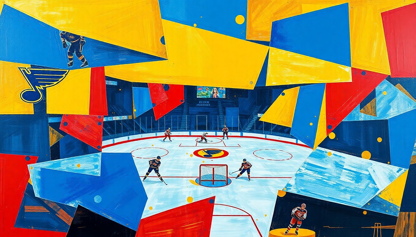 A cubist-style painting featuring overlapping geometric planes in shades of blue, gold, and red, conceptually representing the action and intensity of a hockey game between the St. Louis Blues and Utah Mammoth.