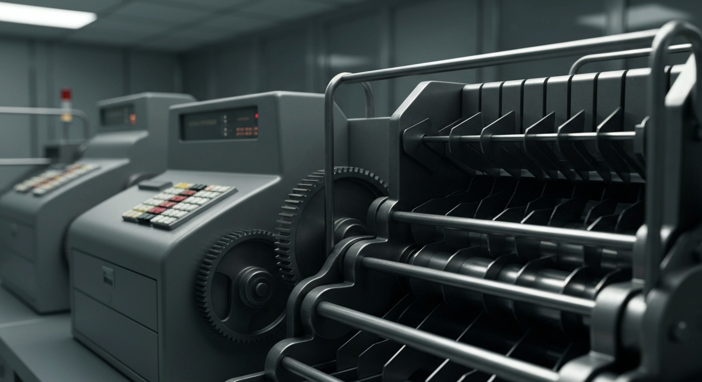 A highly detailed, cinematic close-up image of heavy, polished banking machinery and equipment, representing the physical and technological backbone of a regional financial institution.