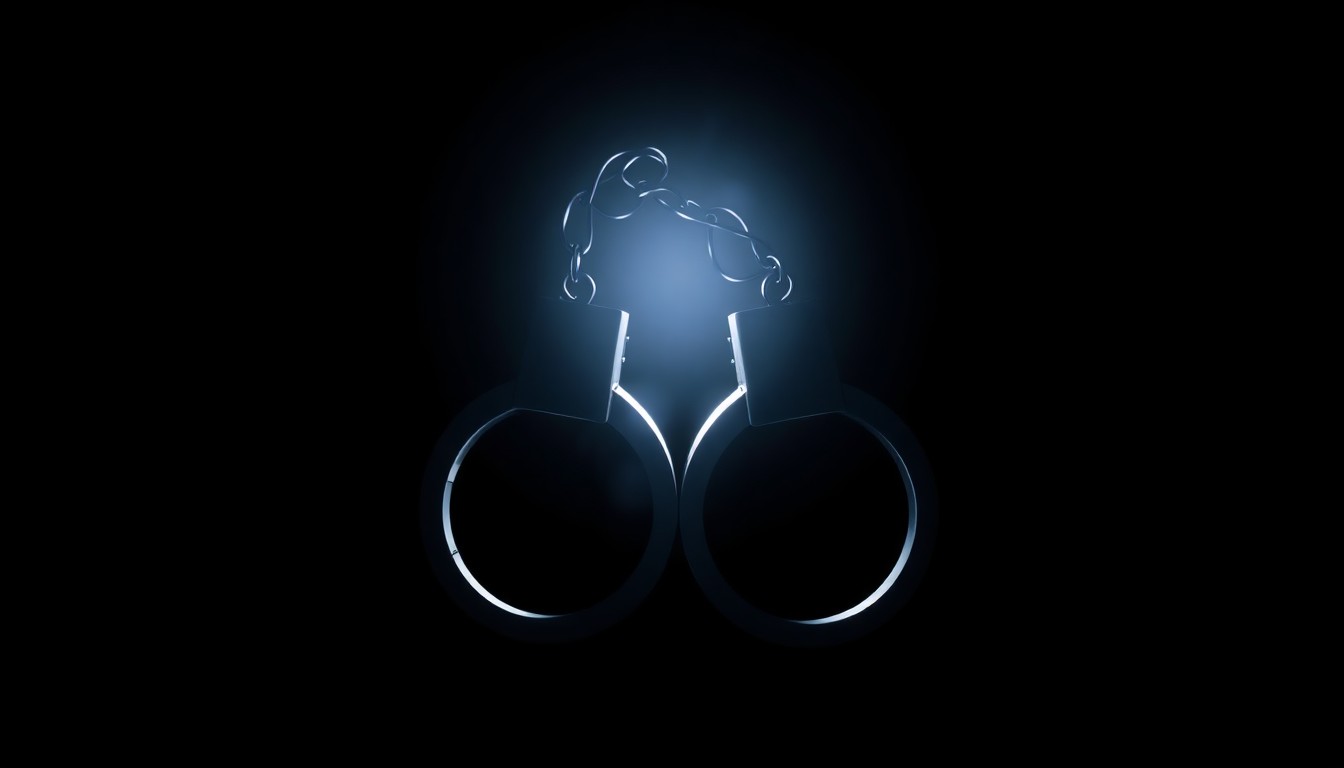 An extreme close-up photograph of a pair of metal handcuffs against a pitch-black background, creating a stark, gritty, and investigative aesthetic.