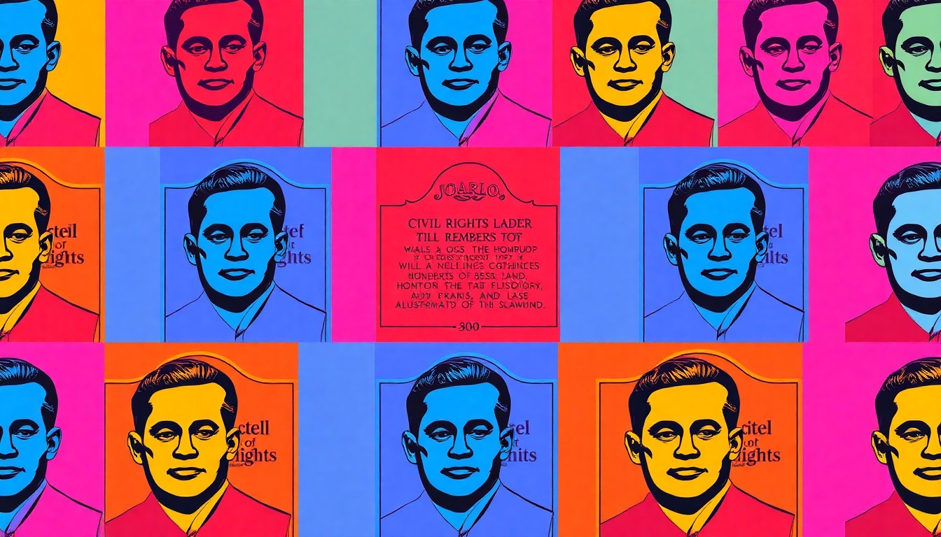 A bold, abstract silkscreen print featuring a repeated image of a historical plaque or marker in a grid of neon colors and high-contrast black outlines, conceptually representing the enduring impact of a local civil rights champion.