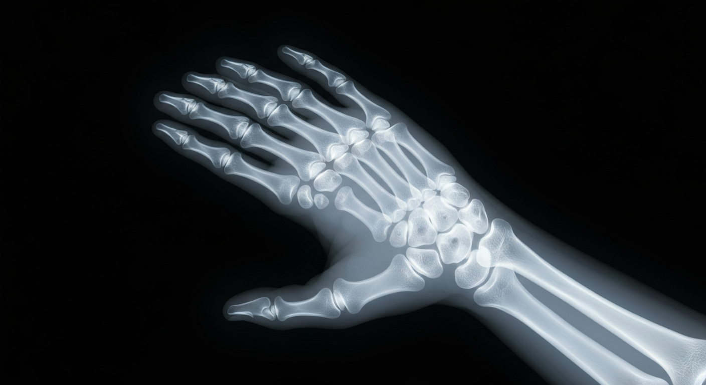 A translucent X-ray photograph of an elderly person's hand, with the bones and veins visible as glowing lines against a dark background, conveying the clinical care and fragility of the human body in a long-term care facility.