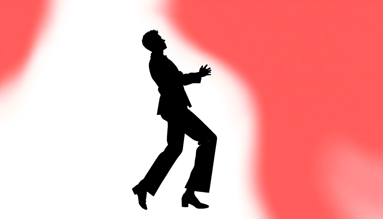 A striking black silhouette of two dancers locked in a dynamic jive pose, their bodies forming an angular, geometric shape against a bright red and white background.