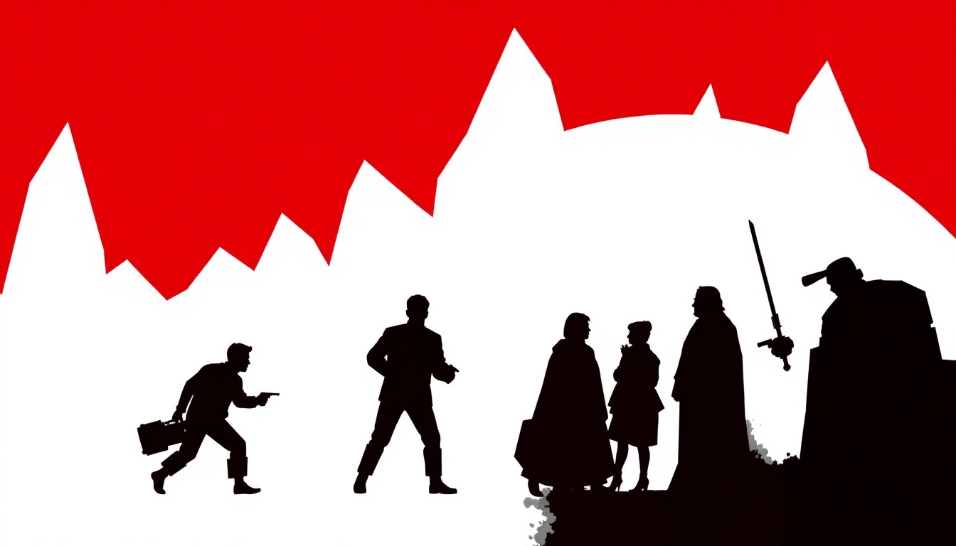 A bold, abstract illustration featuring stark geometric shapes and silhouettes in high-contrast colors, conceptually representing the comedic sci-fi elements of the 'Spaceballs' franchise.