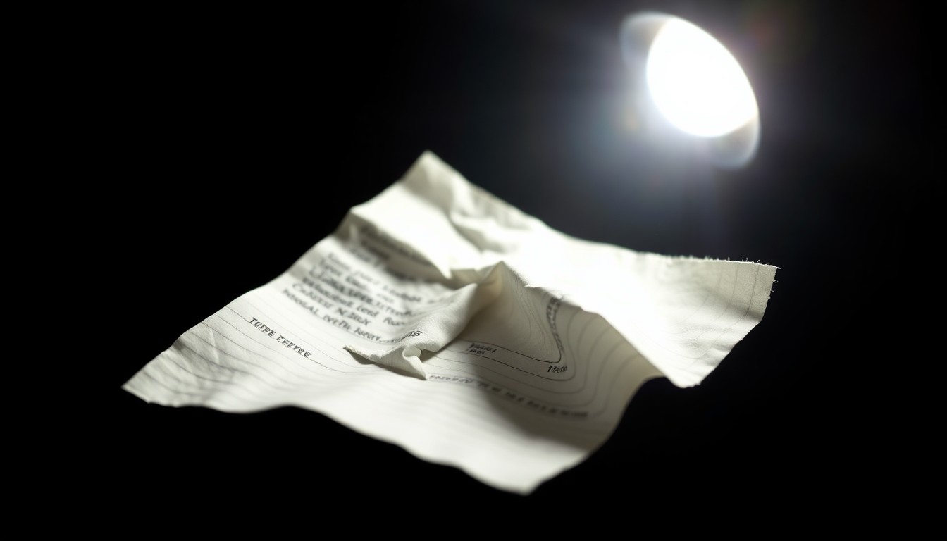 An extreme close-up of a crumpled, torn financial document reflecting harsh, dramatic lighting, conceptually representing the investigation into financial impropriety.