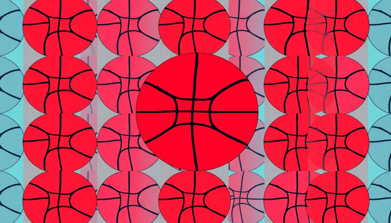 A bold, colorful silkscreen-style illustration featuring a repeated basketball icon in neon shades of blue, pink, and yellow, conceptually representing the excitement and community spirit of high school athletics.