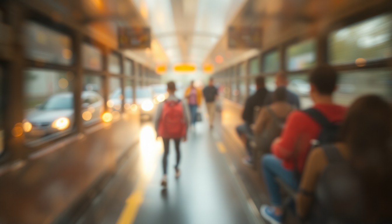 An abstract, impressionistic scene of blurred, colorful lights and shapes, conceptually representing the routine transportation of students to and from school despite higher fuel costs.
