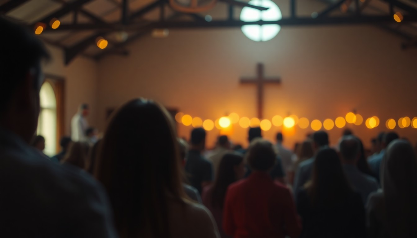 An abstract, out-of-focus photograph featuring warm, blurred pools of light and color, evoking the feeling of a community gathering in a cozy, intimate setting.