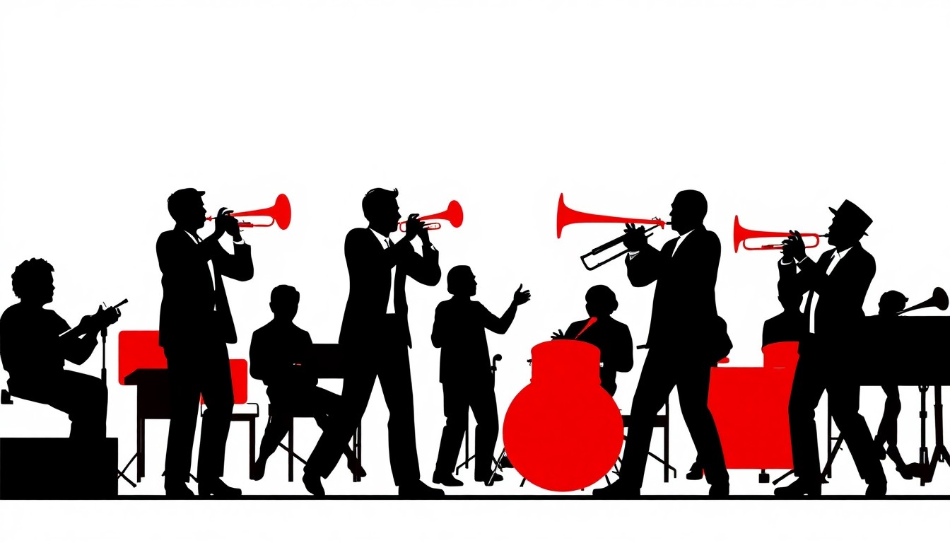 An abstract, minimalist illustration featuring sharp, angular black silhouettes of brass instruments against a bold red background, conceptually representing the energy and artistry of brass band performances.