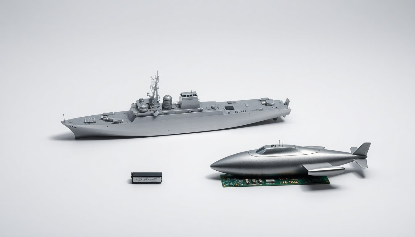 A minimalist, high-end studio still life photograph featuring a polished metal model of a naval ship, a sleek unmanned underwater vehicle, and a premium-looking circuit board, all arranged elegantly on a clean, monochromatic background with dramatic lighting and sharp shadows to represent HII's expertise in shipbuilding, autonomous maritime systems, and mission-enabling technologies.