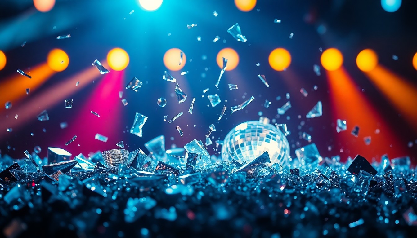 An abstract close-up photograph of shattered glass fragments reflecting bright stage lights, conveying the high-energy, high-fashion aesthetic of 1980s rock and roll.