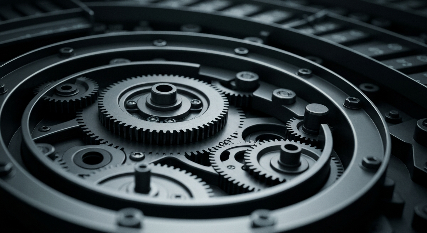 A close-up view of the intricate mechanical components and gears of a high-tech stock trading platform, rendered in a heavy, industrial style that conveys a sense of power and precision underlying the complex financial infrastructure enabling automated investing.