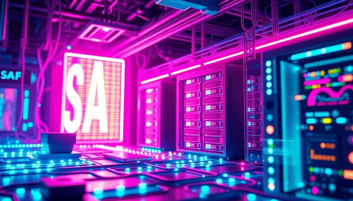 A highly detailed, glowing 3D illustration of a complex SaaS software platform's digital infrastructure, with servers, cables, and data centers illuminated by vibrant neon lights, conceptually representing the technological backbone powering modern SaaS businesses.
