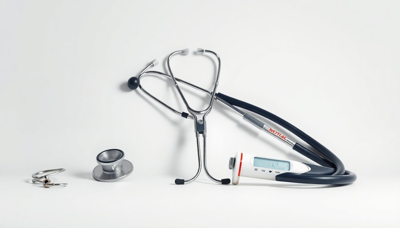 A high-end, photorealistic studio still-life photograph featuring a carefully arranged set of premium medical instruments, including a stethoscope, surgical scissors, and a veterinary thermometer, against a clean, monochromatic background, conceptually representing the precision and care required in veterinary medicine.