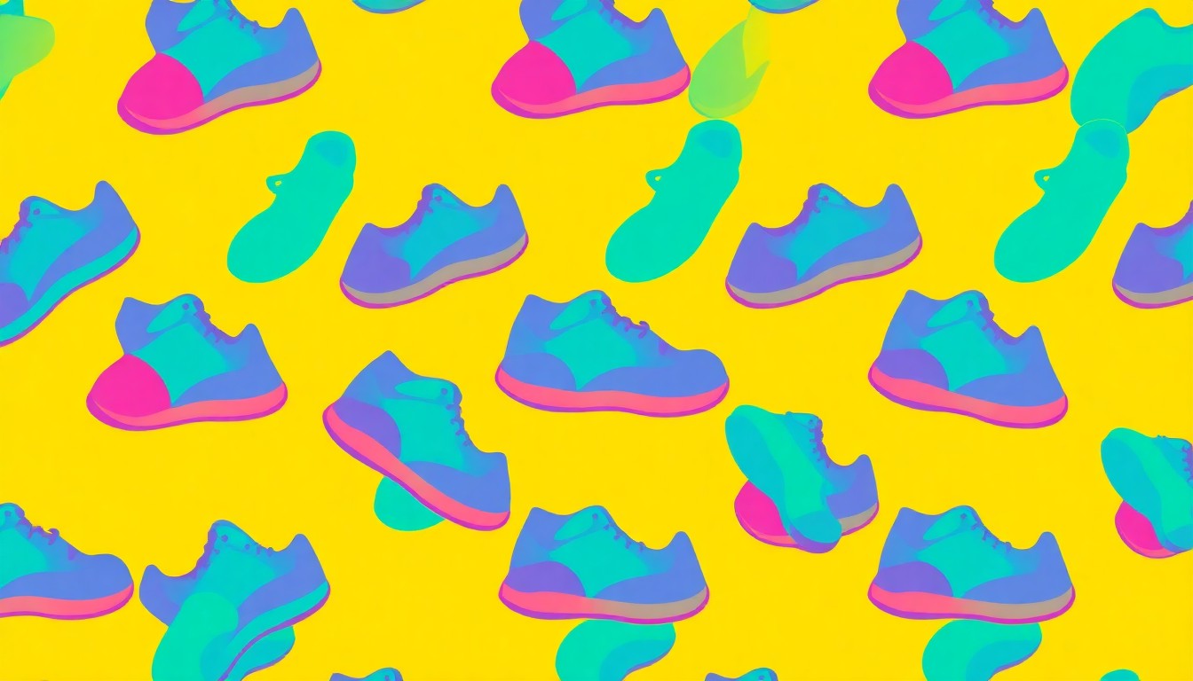 A bold, abstract silkscreen illustration featuring a repeated pattern of a running shoe icon in bright neon colors, conceptually representing the energy and community spirit of a local charity race.