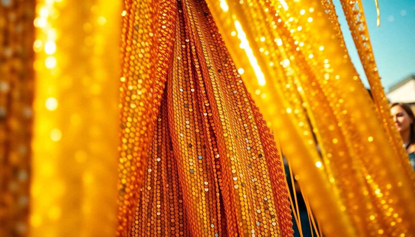 An abstract close-up image of shimmering gold and silver sequins, capturing the celebratory energy and high-fashion aesthetic of Karol G's Coachella performance.