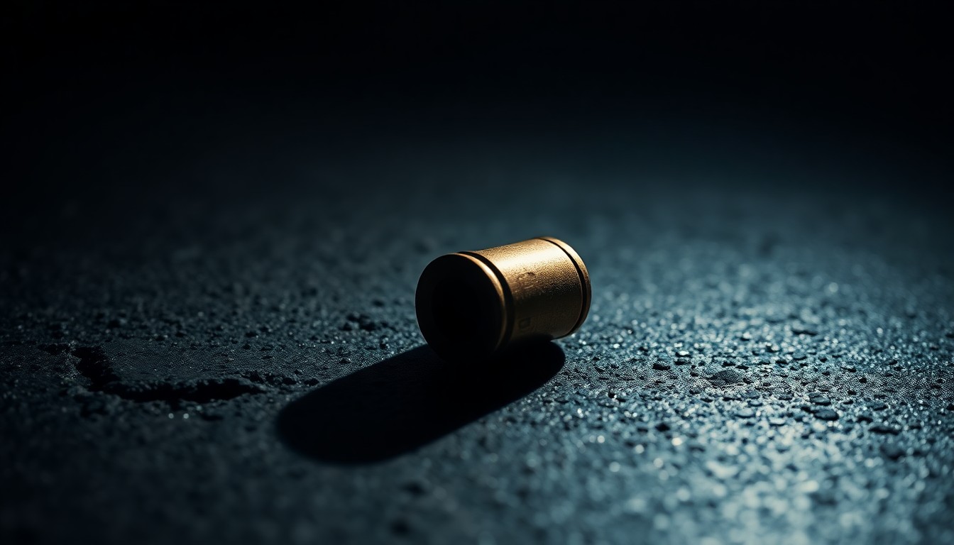 An extreme close-up photograph of a spent shell casing on a dark concrete surface, lit by a harsh, direct camera flash, conceptually illustrating the violent crime scene evidence from the Horace school shooting.
