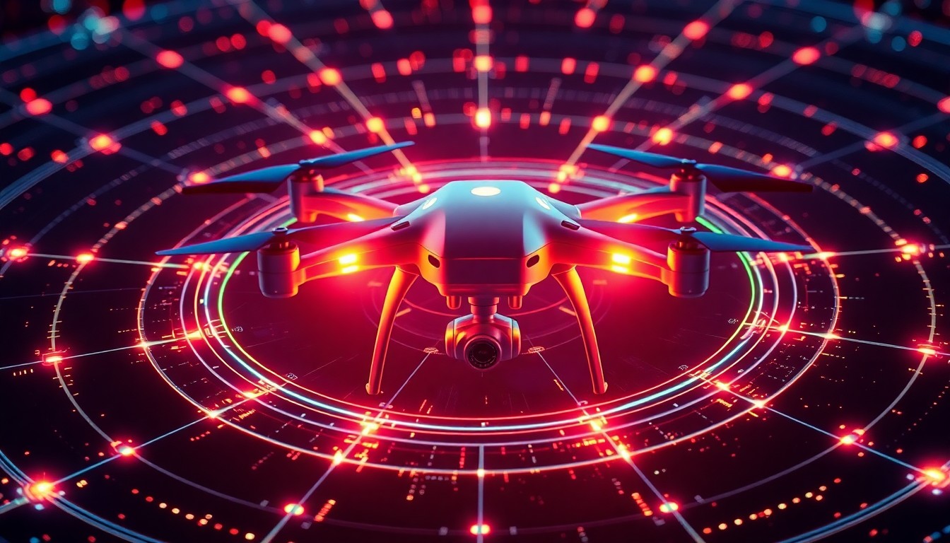 A highly detailed, glowing 3D illustration of a drone surrounded by a network of pulsing, neon-lit radar signals, conceptually representing the integration of drone technology with real-time airspace data.