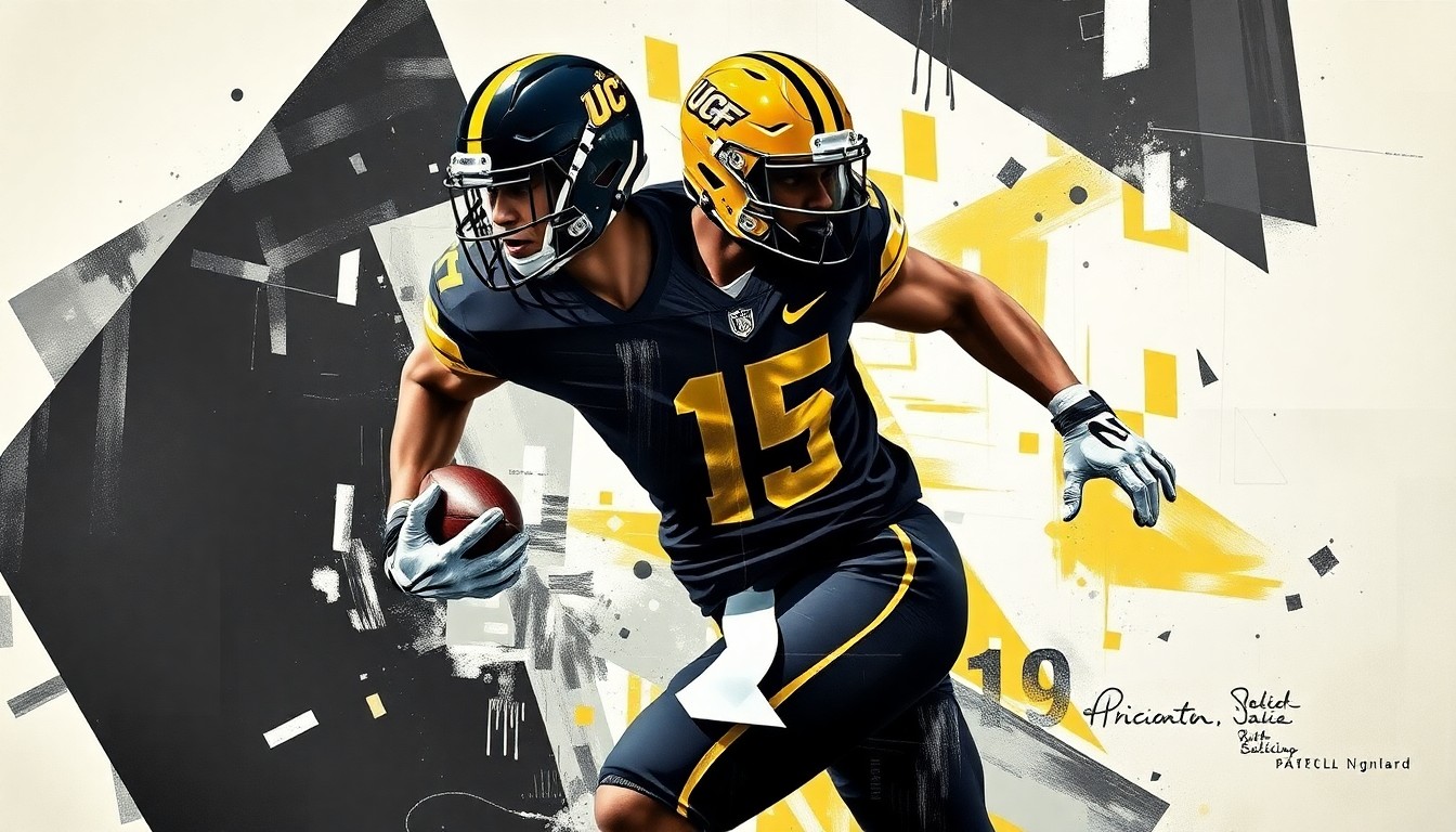 A fractured, geometric painting depicting a UCF Knights football player in action, with sharp, overlapping planes of black, gold, and white representing the player's movements.