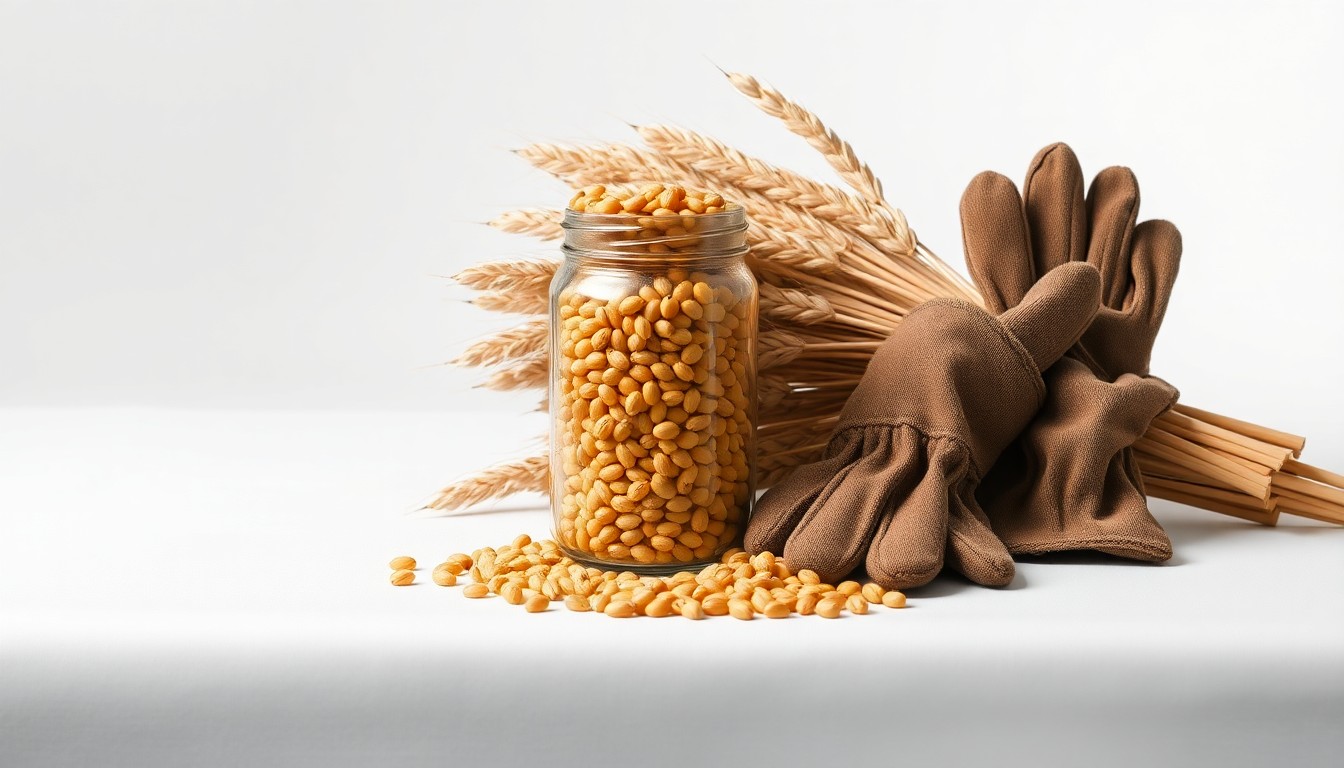 A photorealistic studio still-life featuring a stack of freshly harvested wheat stalks, a glass jar filled with golden wheat kernels, and a pair of weathered work gloves, all arranged elegantly on a clean, monochromatic background, conceptually representing the dedication and strategic vision of North Dakota's wheat industry.