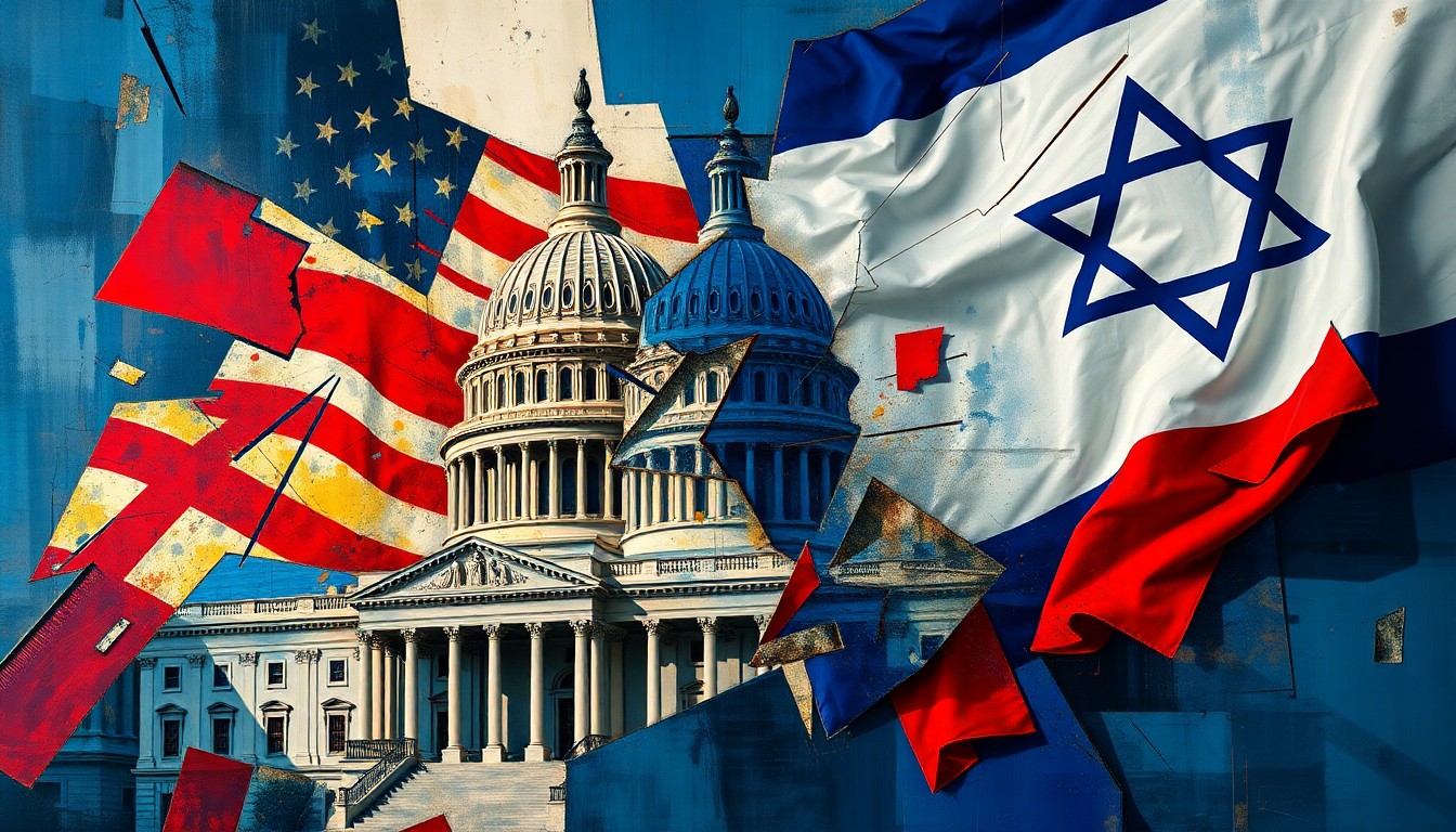 A dynamic, abstract painting featuring the fractured, overlapping shapes of the U.S. Capitol building and the Israeli flag, conveying the political tensions between the two countries.