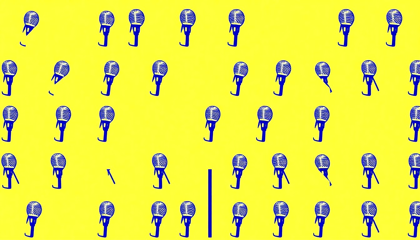 A vibrant, pop art-inspired illustration featuring a repeated image of a microphone in a grid, conceptually representing the public speaking skills showcased at the Rotary Sectional Speech Contest.