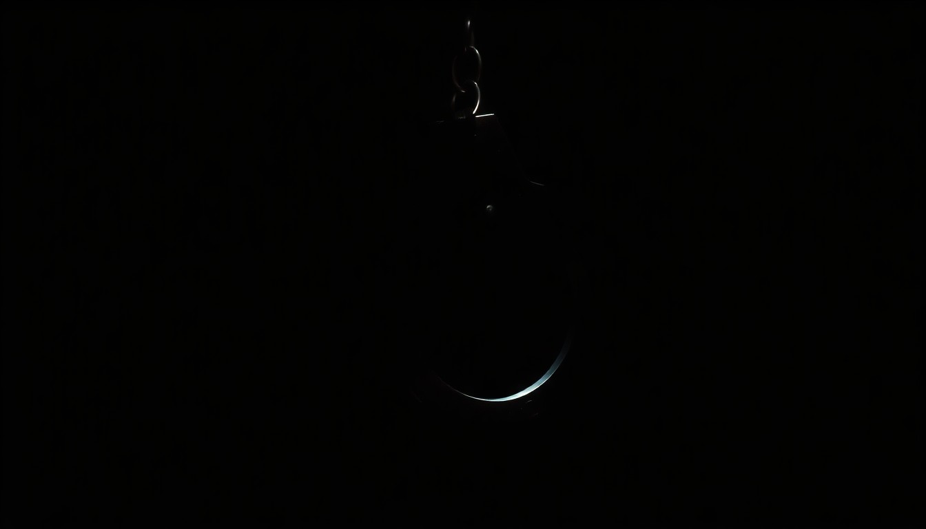 An extreme close-up of a metal handcuff, its textured surface and reflective edges illuminated by a stark, direct flash of light against a pitch-black background, conveying a sense of the gritty, investigative nature of this criminal case.