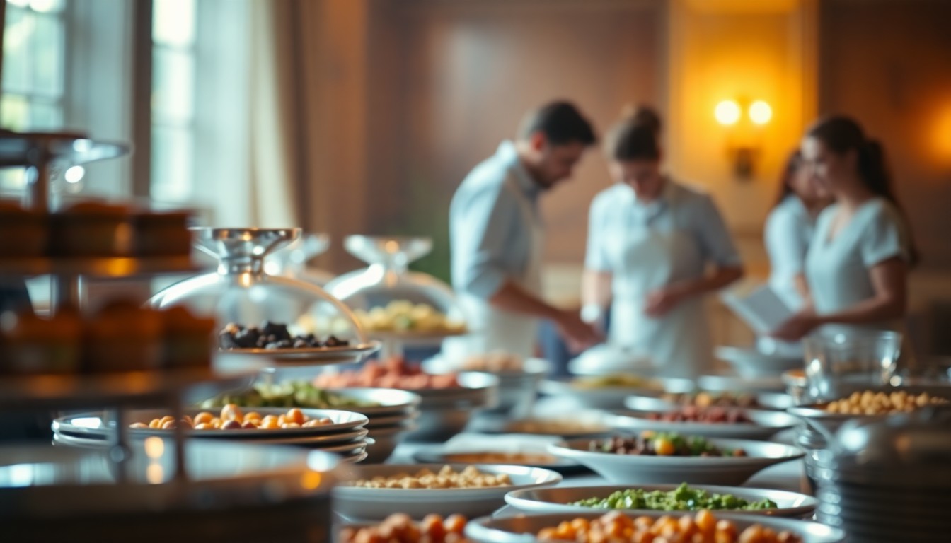 A softly blurred, atmospheric scene of a catering setup, with various dishes and platters visible through a hazy, out-of-focus lens, conveying a sense of hospitality and care.