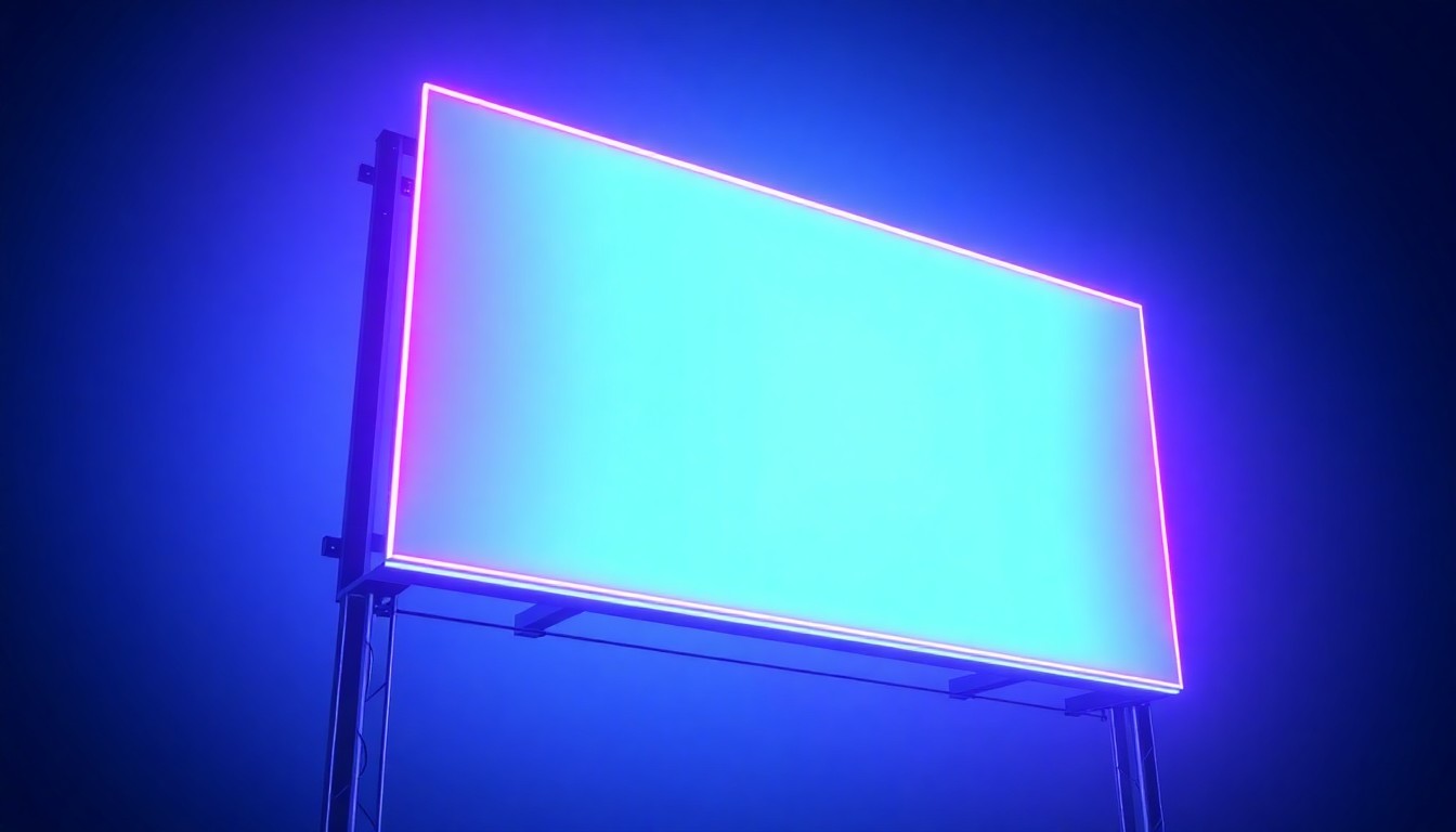 A highly detailed, glowing 3D illustration of a large outdoor digital display panel mounted on a sleek, metallic frame, illuminated by neon cyan and magenta lights to give it a futuristic, high-tech appearance.