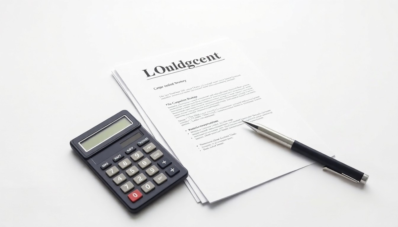 A photorealistic studio still life featuring a stack of legal documents, a calculator, and a pen arranged on a clean white background, symbolizing the abstract corporate strategy and financial implications of the monday.com class action lawsuit.