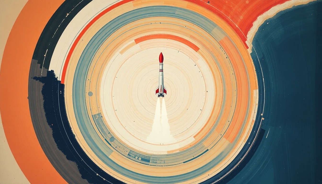 A bold, abstract painting in soft blues, greens, and grays featuring sweeping geometric arcs, concentric circles, and precise spiraling forms, conceptually representing the complex engineering and powerful forces behind modern rocket launches.