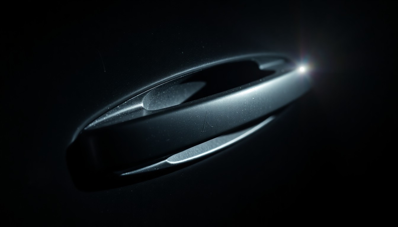 An extreme close-up photograph of a scratched and worn car door handle, conceptually representing the violation of personal property through vehicle break-ins.