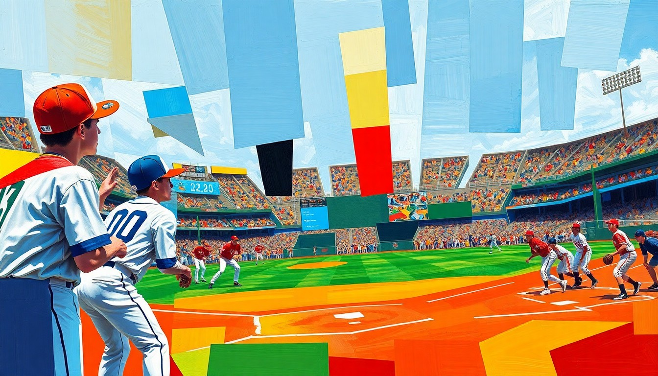 A fragmented, geometric painting depicting the motion and energy of a high school baseball game, with sharp planes of color representing the players, field, and equipment.