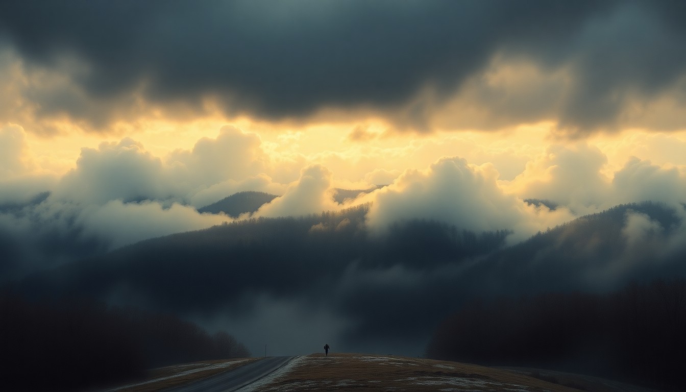 A sweeping, majestic landscape painting in muted tones of gray, blue, and white, with a distant, barely visible start line or other Marathon landmark dwarfed by the overwhelming scale of the natural world, conveying the chilly, windy conditions that runners and spectators will face.