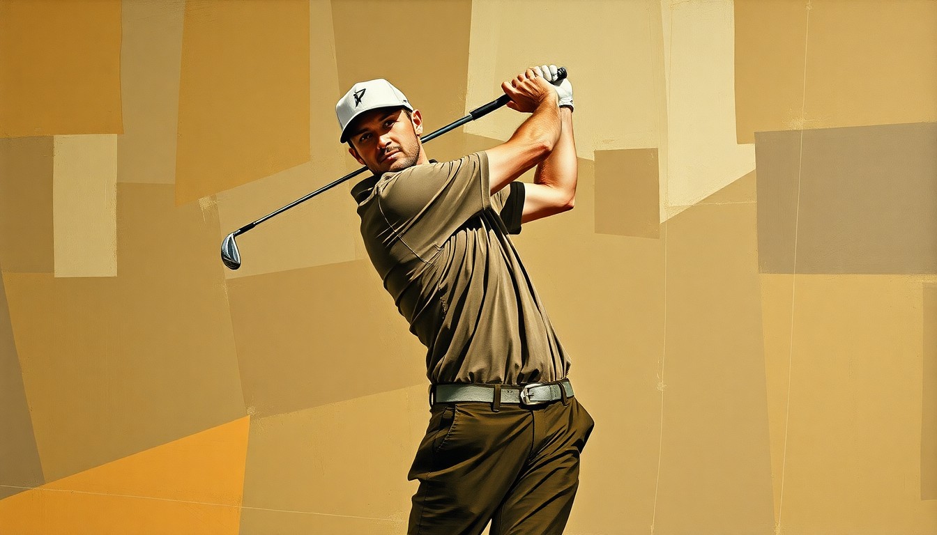A fragmented, geometric painting depicting Jordan Spieth's golf swing broken down into overlapping planes of muted earth tones, conceptually illustrating the technical issues that have hindered his performance.