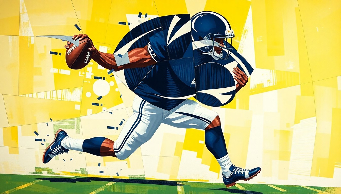A fractured, geometric painting depicting a Penn State football player in motion, their form broken down into sharp, overlapping planes of color, capturing the raw energy and athleticism of the sport.