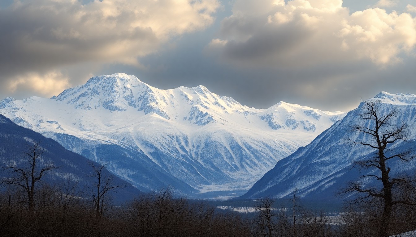 A sweeping, atmospheric landscape painting in muted tones of gray, blue, and white, depicting a snow-covered mountain range in the distance, with bare, windswept trees in the foreground and an ominous, cloudy sky overhead, conveying the overwhelming power and sublime beauty of nature.