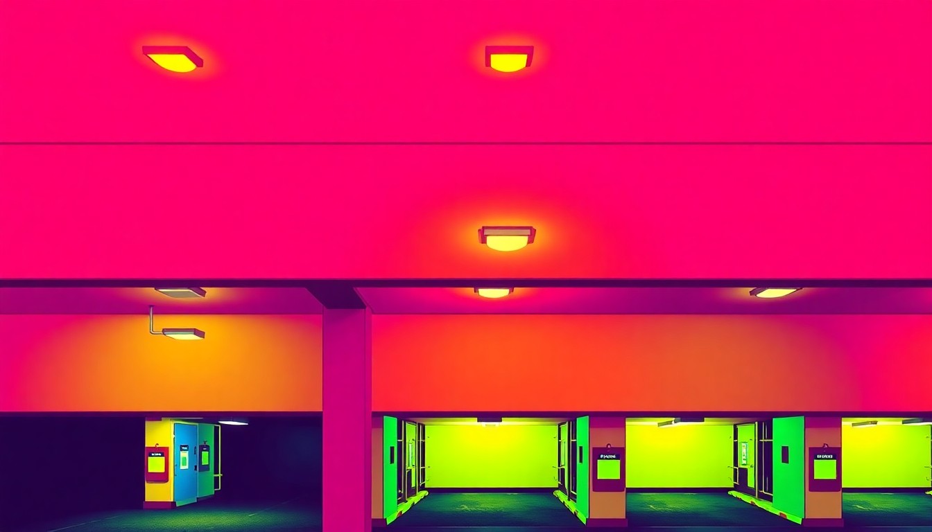 A visually striking, abstract illustration composed of a repeated icon representing a parking garage entrance, rendered in a bold, high-contrast silkscreen style with vibrant neon colors and heavy black outlines, conceptually capturing the impact of maintenance work on the city's parking infrastructure.