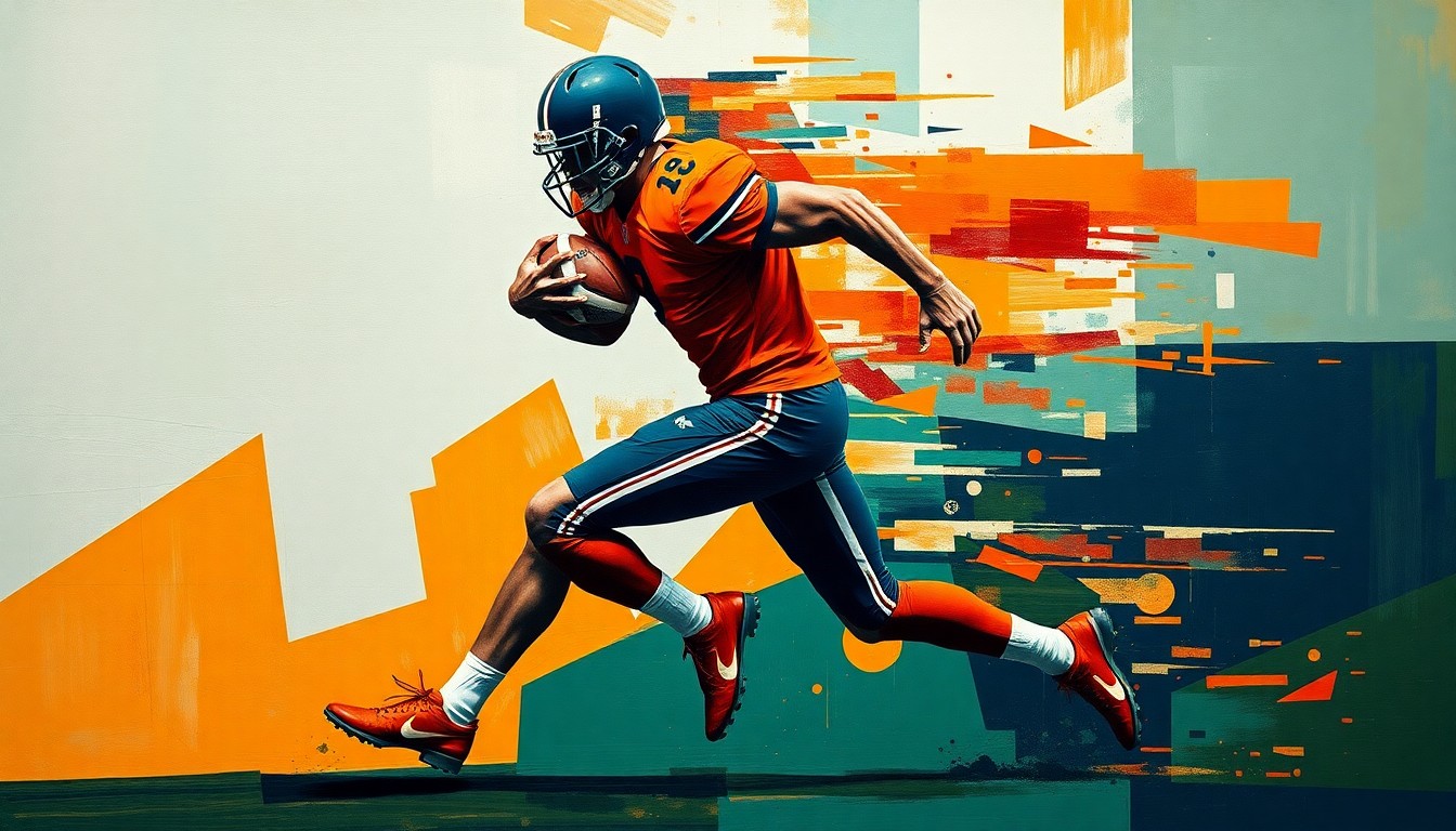 A fragmented, cubist-style painting depicting a football player in motion, with sharp geometric shapes and planes in deep orange, navy blue, and forest green tones, conceptually representing the Bengals' efforts to reconstruct their defensive secondary.