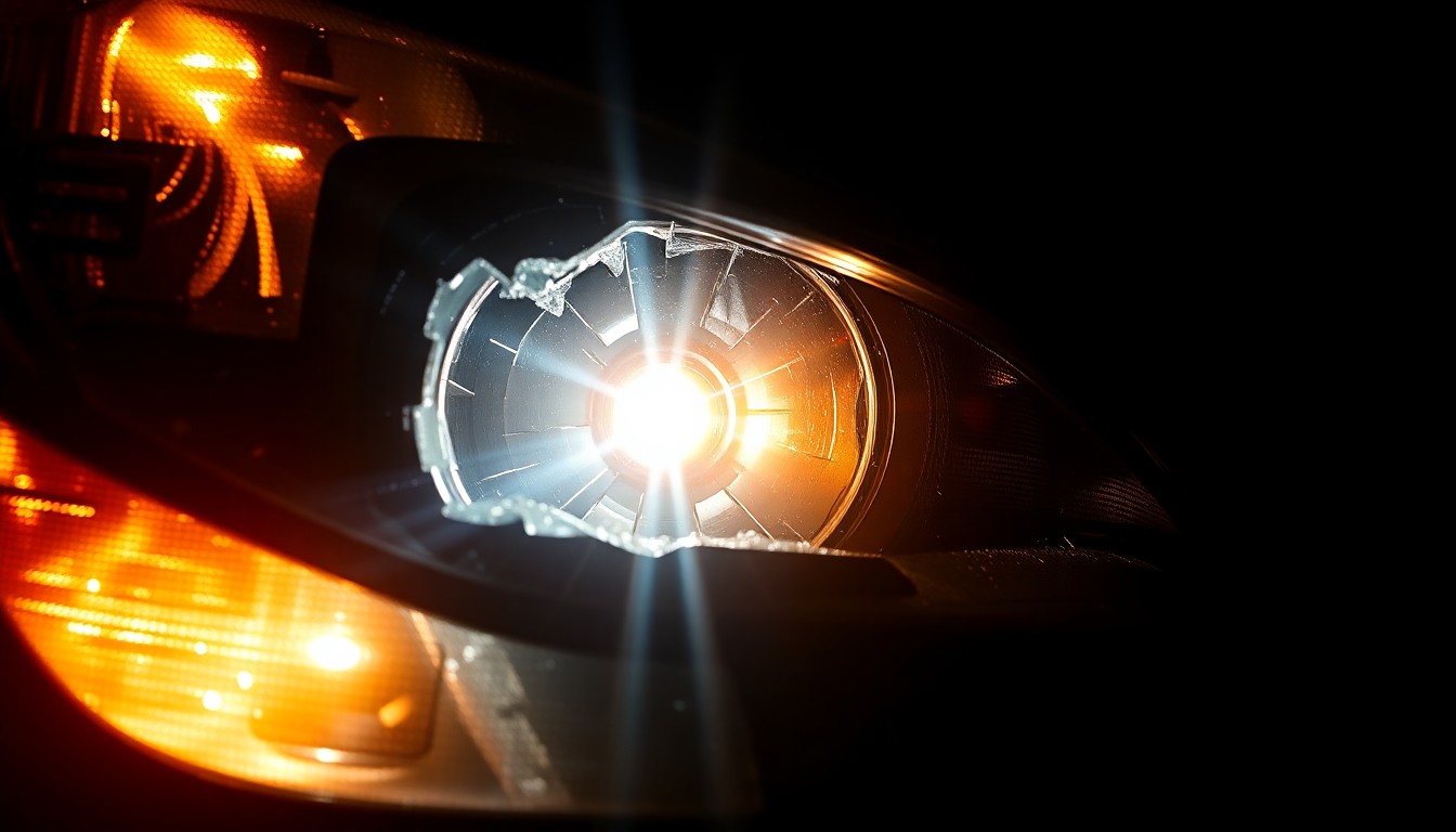 An extreme close-up photograph of a shattered car headlight lens, reflecting the harsh glare of a camera flash against a pitch-black background, conceptually representing the sudden and violent impact of a DUI collision.