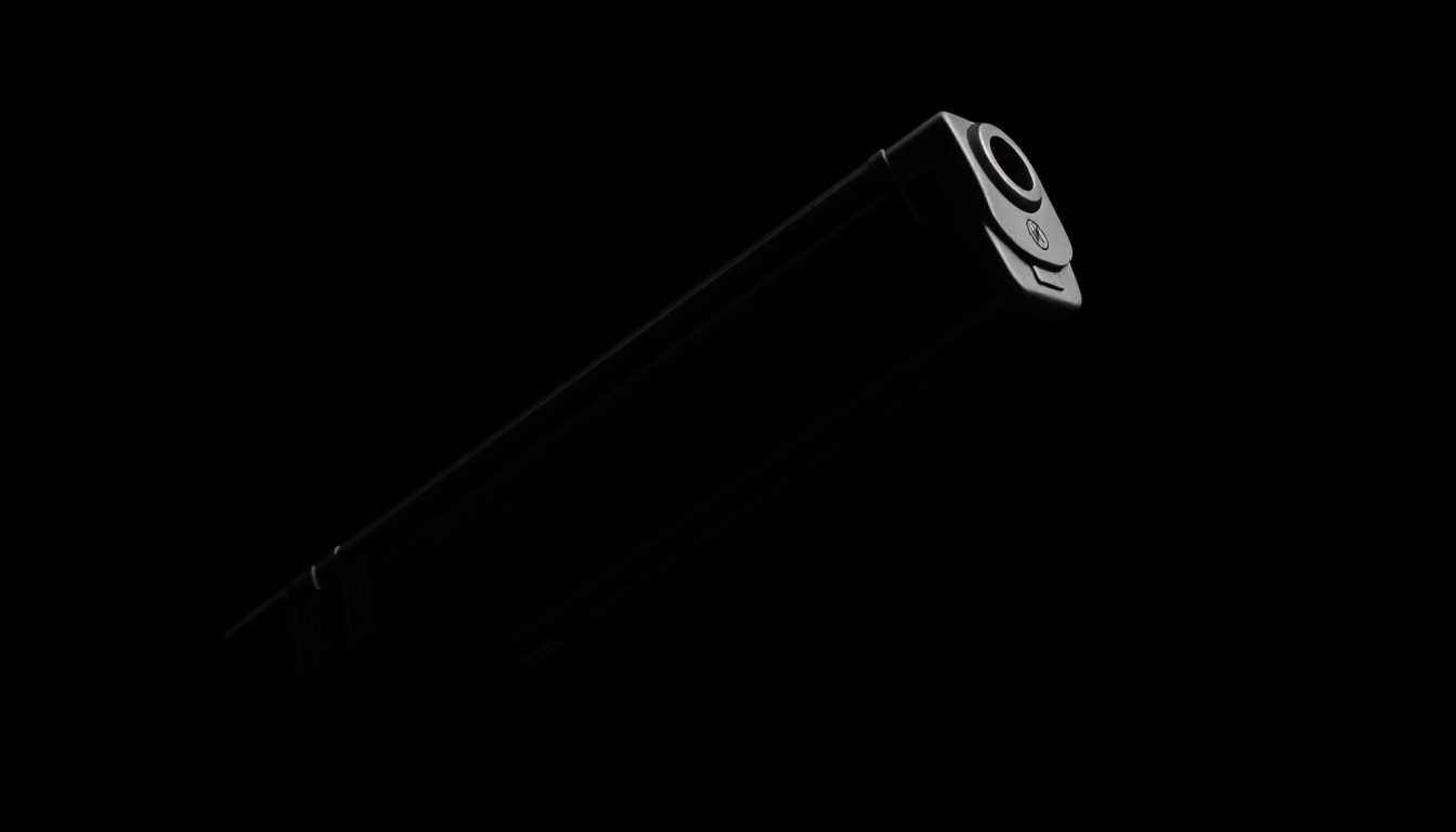 An extreme close-up photograph of a handgun magazine, the metal and plastic surfaces reflecting the harsh, direct light of the camera flash, creating a stark, gritty, investigative aesthetic that conceptually represents the work of the Sacramento County Sheriff's Gang Suppression Unit.