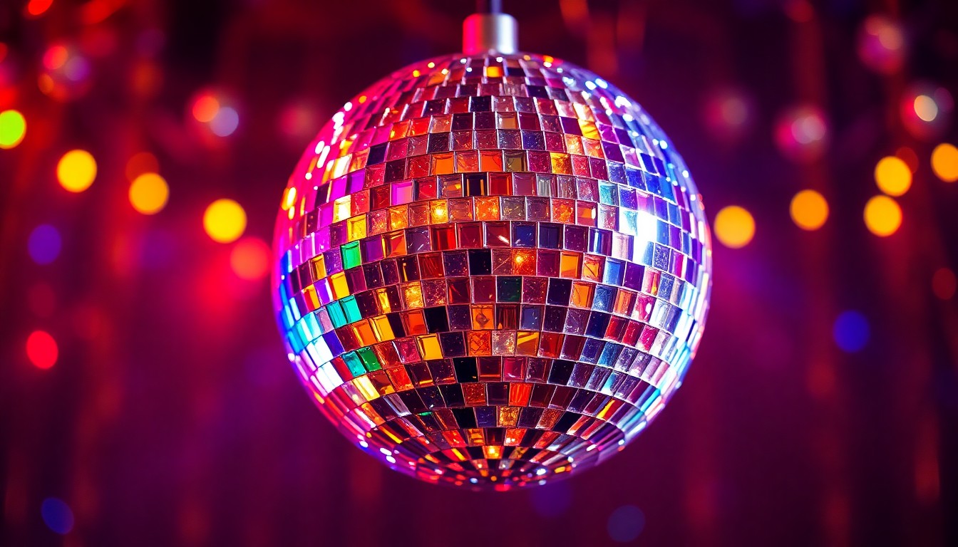 An abstract close-up photograph of a glittering disco ball reflecting a dazzling array of colorful lights, conveying the glamour and energy of a high-end nightclub setting.