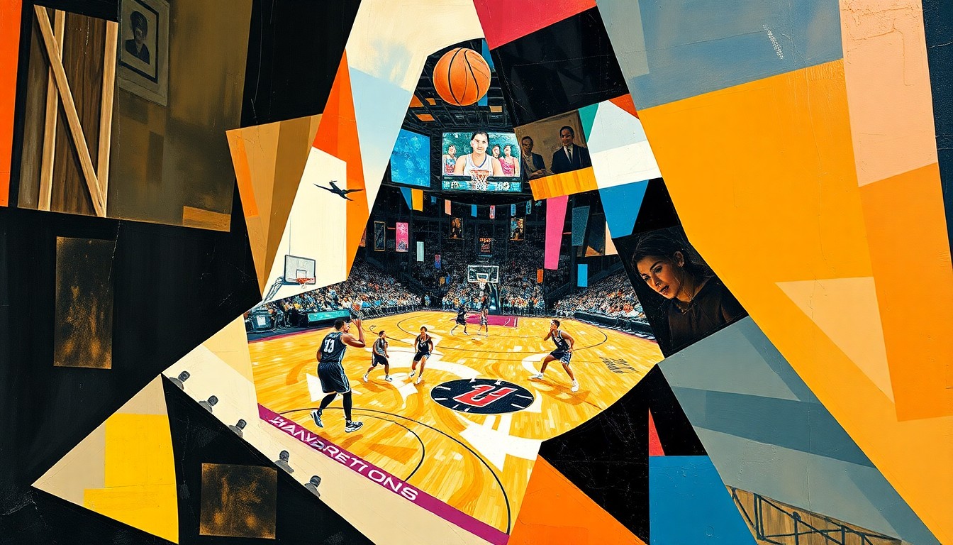 A cubist, geometric painting depicting a WNBA basketball game or match, with players and the court broken down into sharp, overlapping planes of color and shape, conveying the dynamic and evolving nature of the Chicago Sky's roster.